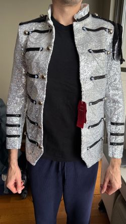 Size S Men’s Silver Sequin Military Jacket - Festival/Burning Man