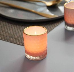 Darjen SHMILMH Pink Votive Candle Holders Set of 8, Pink Christmas Table Centerpiece Glass Tealight Holders Bulk with Gold Rim, Tea Candle Holder for