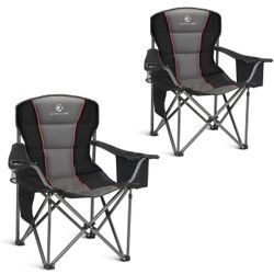 ALPHA CAMP Oversized Camping Folding Chair, Heavy Duty Support 450 LBS Steel Frame Collapsible Padded Arm Chair with Cup Holder Quad Lumbar Back, Port
