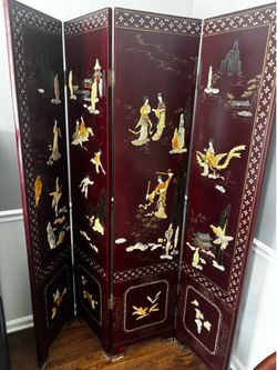 4-Panel Chinese Black Lacquer Room Divider Screen - Mother of Pearl