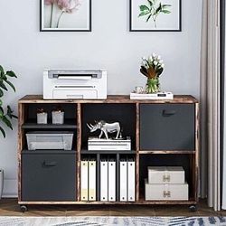 Hoga-F1376 New Rustic Brown Large Mobile Filing Cabinet With 2 Fabric Drawers