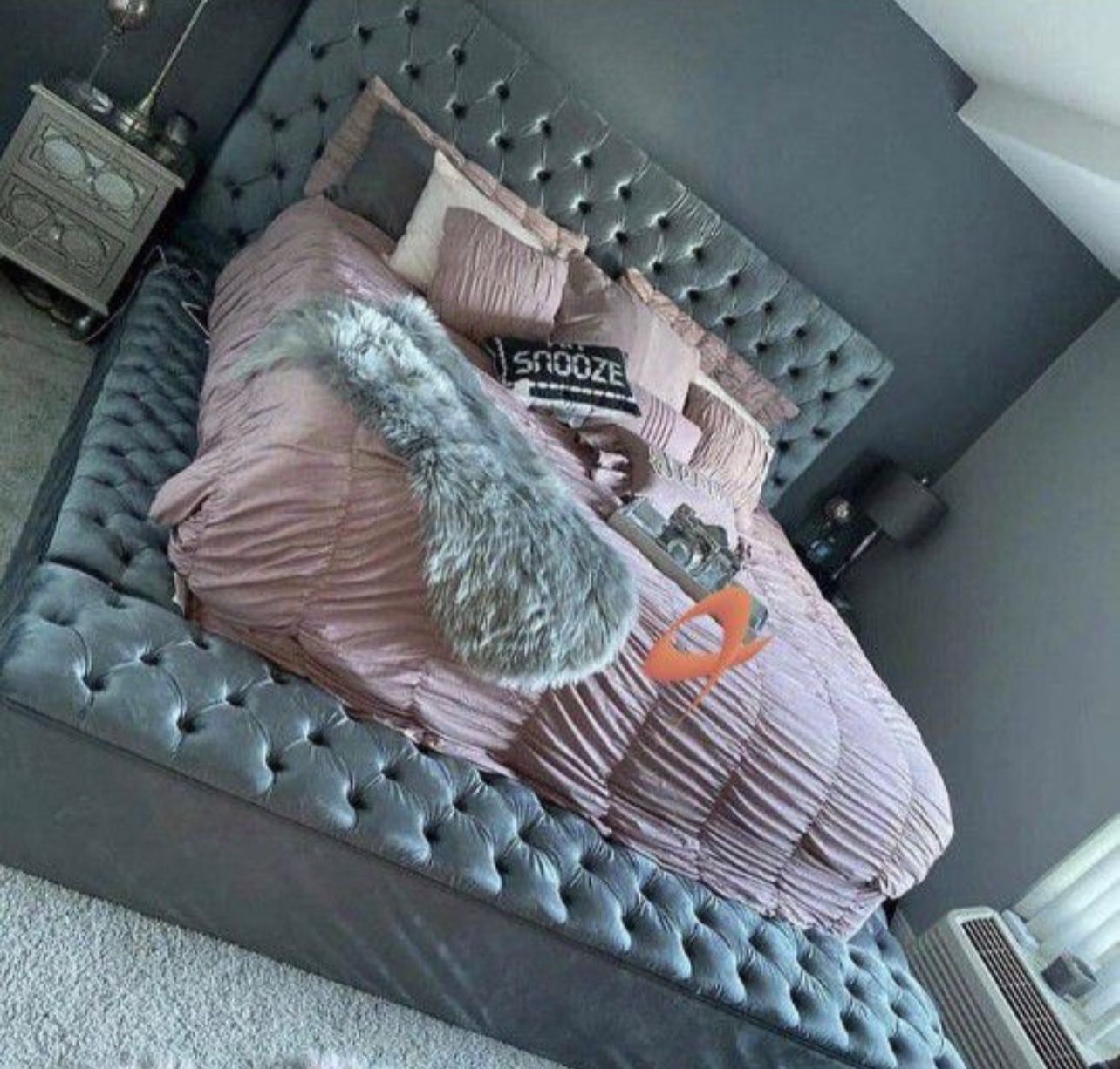 King Size Square Gray Velvet Storage Bed With Promotional Mattress And Free Drop Off Delivery