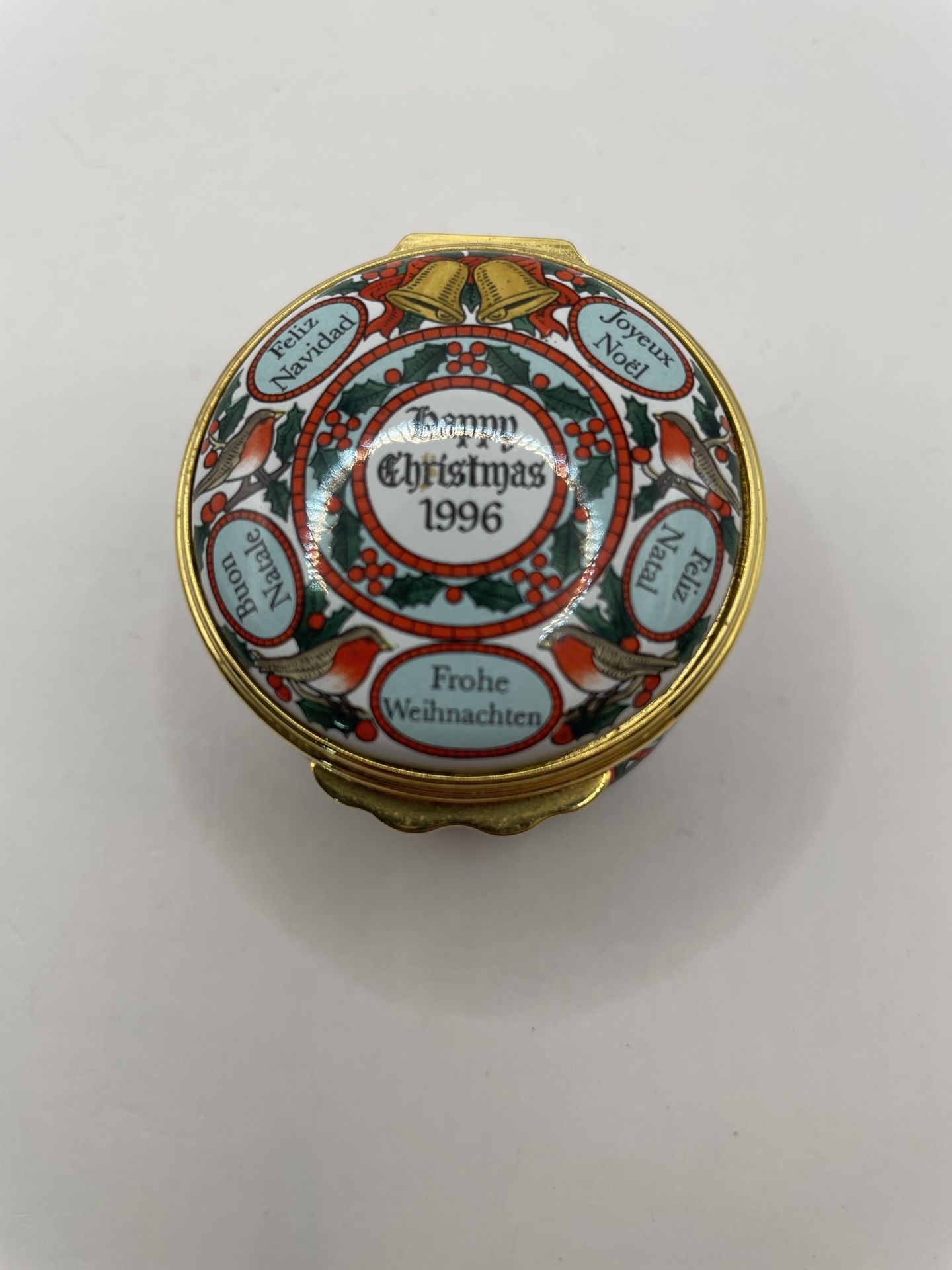 1996- Happy Christmas - Halycon Days enamel trinket box- multiple languages