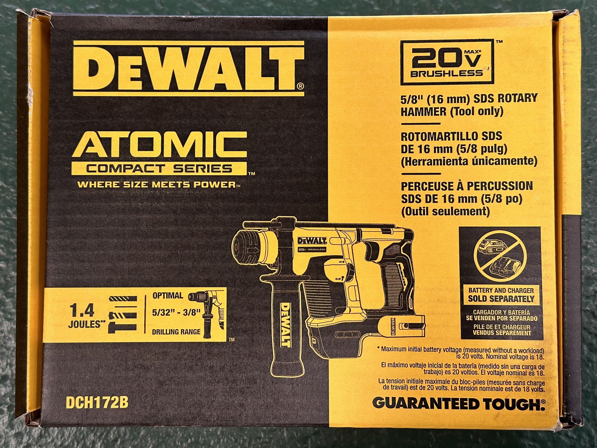 NEW! DeWalt DCH172B 20V MAX ATOMIC 5/8" SDS Plus Rotary Hammer