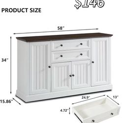 ✌️ Farmhouse 58" Buffet Cabinet with Storage, 34" Tall Coffee Bar Cabinet w/2 Large Drawers & 4 Grooved Barn Doors, Wood Rustic Sideboard