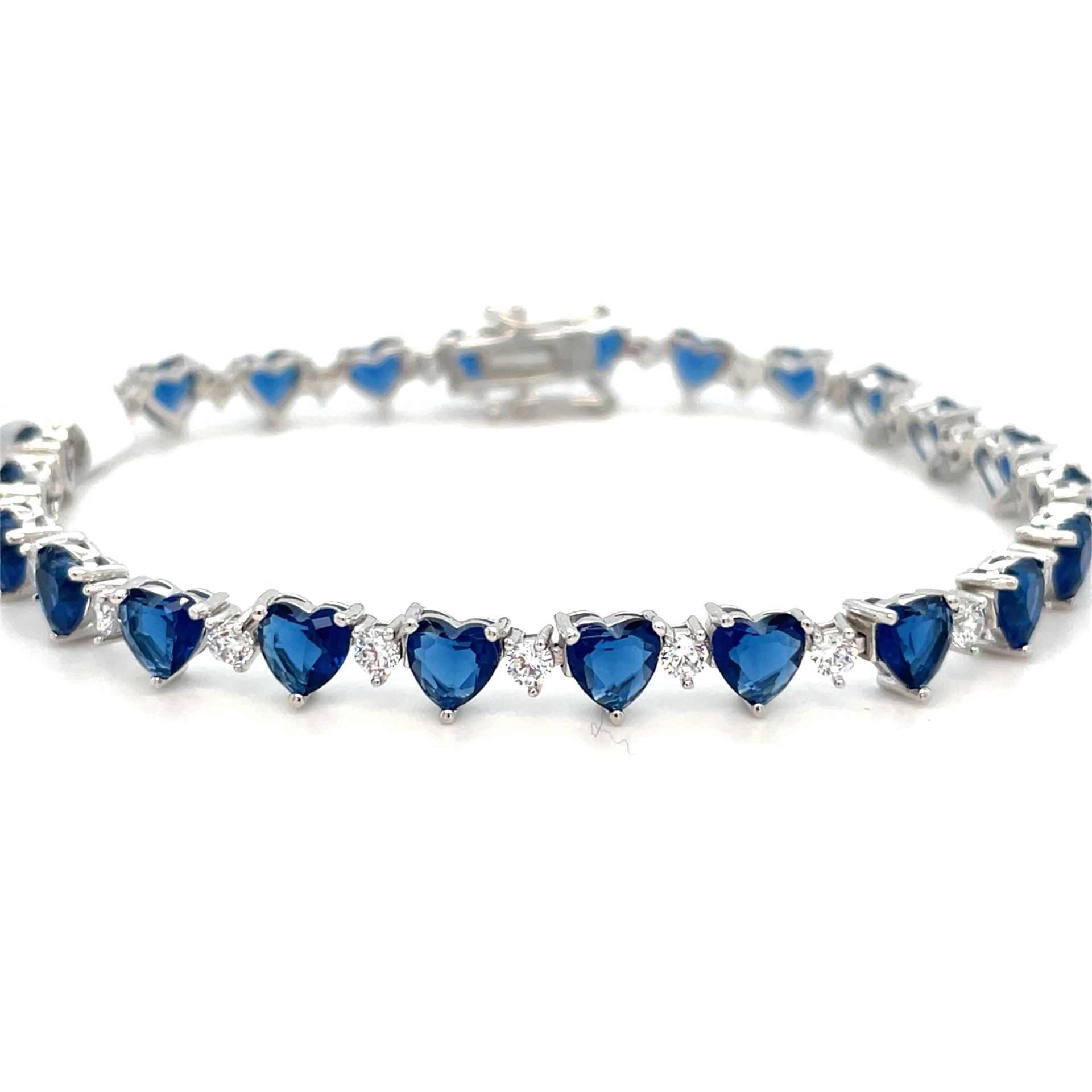 925 Sterling Silver CZ 7” Blue Hearts Bracelet 10.30g 198090/7