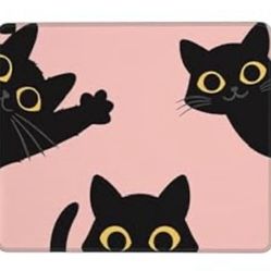 Black Cat Mouse Pad on Pink Background | Stitched Edge Mousepad with Non-Slip Rubber Base | 10” x 8”