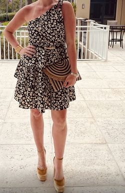 Women's Summer Tie One Shoulder Boho Floral Dress Elastic Waist Tiered Ruffle A Line Flowy Mini Dresses (Coffee Apricot,X-Large)