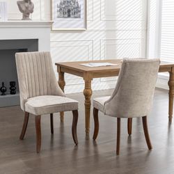 Rayon Cloth Flocking Linen Dining Chairs Channel Kitchen Dinner Chair Comfy Fabric Upholstered Accent Chair for Dining Room with Curved Solid Wood Leg