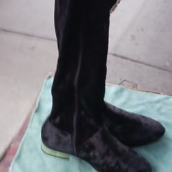 Black Velvet Thigh High With Gold At Heel Boots Zips Up Size 8 Womens