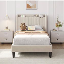 Twin Bed Frame with Channel-Tufted Storage Headboard, Beige