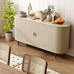 C492 $140 63" Sideboard Buffet Cabinet with Sliding Door, Natural White Buffet Sideboard Storage Cabinet Mid-Century Modern Accent Coffee Bar Cabinet