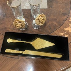 Cake Knife, Cake Server And Champagne Glasses  