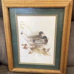 Pre Owned Framed 2 Lovely Watercolor Mallard Ducks Swimming In The Brush Signed 