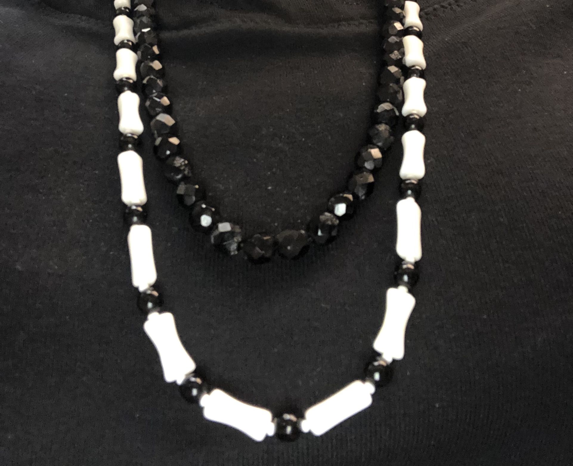 2 Vintage Glass Bead Necklaces , 32” Black & 34” Black/White