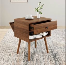 Hidden Compartment Nightstands, Mid Century Modern Concealment Furniture, Bedside Table with Wood Legs, End Table with Storage Drawer for Bedroom (1,W