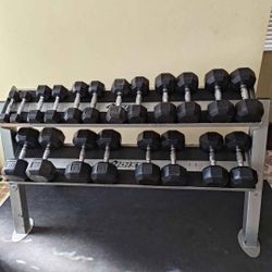 Brand New 5lb Thru 50lb Rubber Hex Dumbbell Set With Hoist Rack