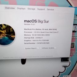 Mac pro Retina 15 inches , mid 2014. core I 7, 16 Gb ram. 251 GB hard drive with charger is working well.