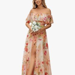 Ever Pretty Peach Floral Off The Shoulder Bridesmaid Wedding Dress
