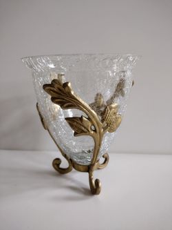VTG Art Deco Crackle Glass Brass Plated Base Mount Planter