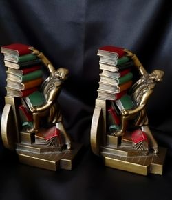 Art Deco 1920's Bronze Bookends , comical design "The Strangling Librarians "