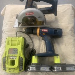 Ryobi 18V Drill And Circular Saw With Quickcharger & 2 Lithium Ion batteries