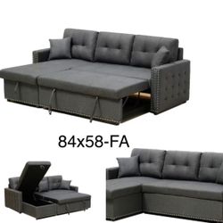 Sectional Sofa Pullout Bed W/Chaise Storage with  Fabric Reversible  83”x 57”x35”H