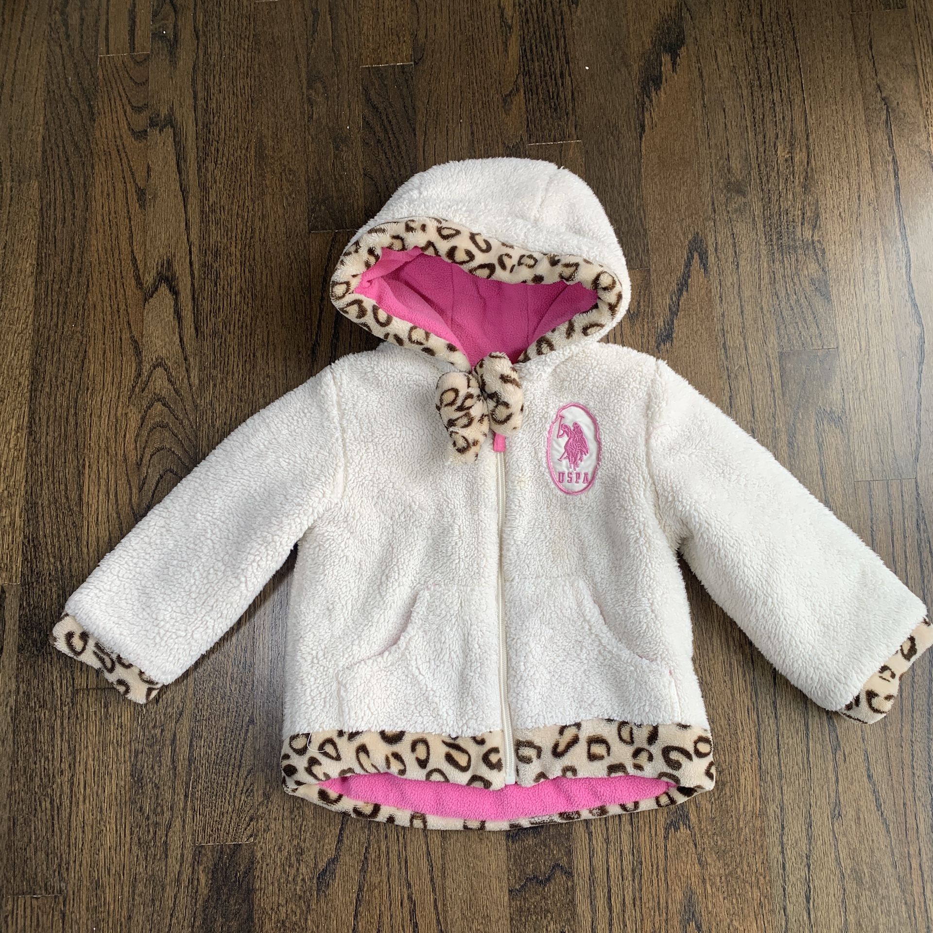 US POLO ASSN BABY GIRLS CREAM PINK FLEECE JACKET FAUX FUR LEOPARD PRINT TRIM 24M