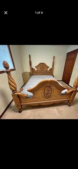 Queen bed, solid oak.