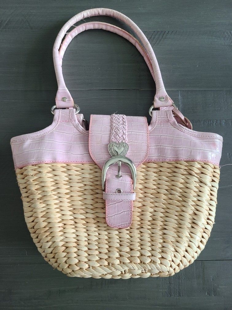 Straw Shoulder Handbag Purse Pink Faux Leather Handles Zip/Snap 13 X 10 X 4