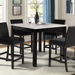 Brand New Black Velvet 5pc Marble Top Counter Height Dining Table Set 