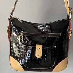 Arcadia Black And Tan Patent Leather Crossbody Handbag