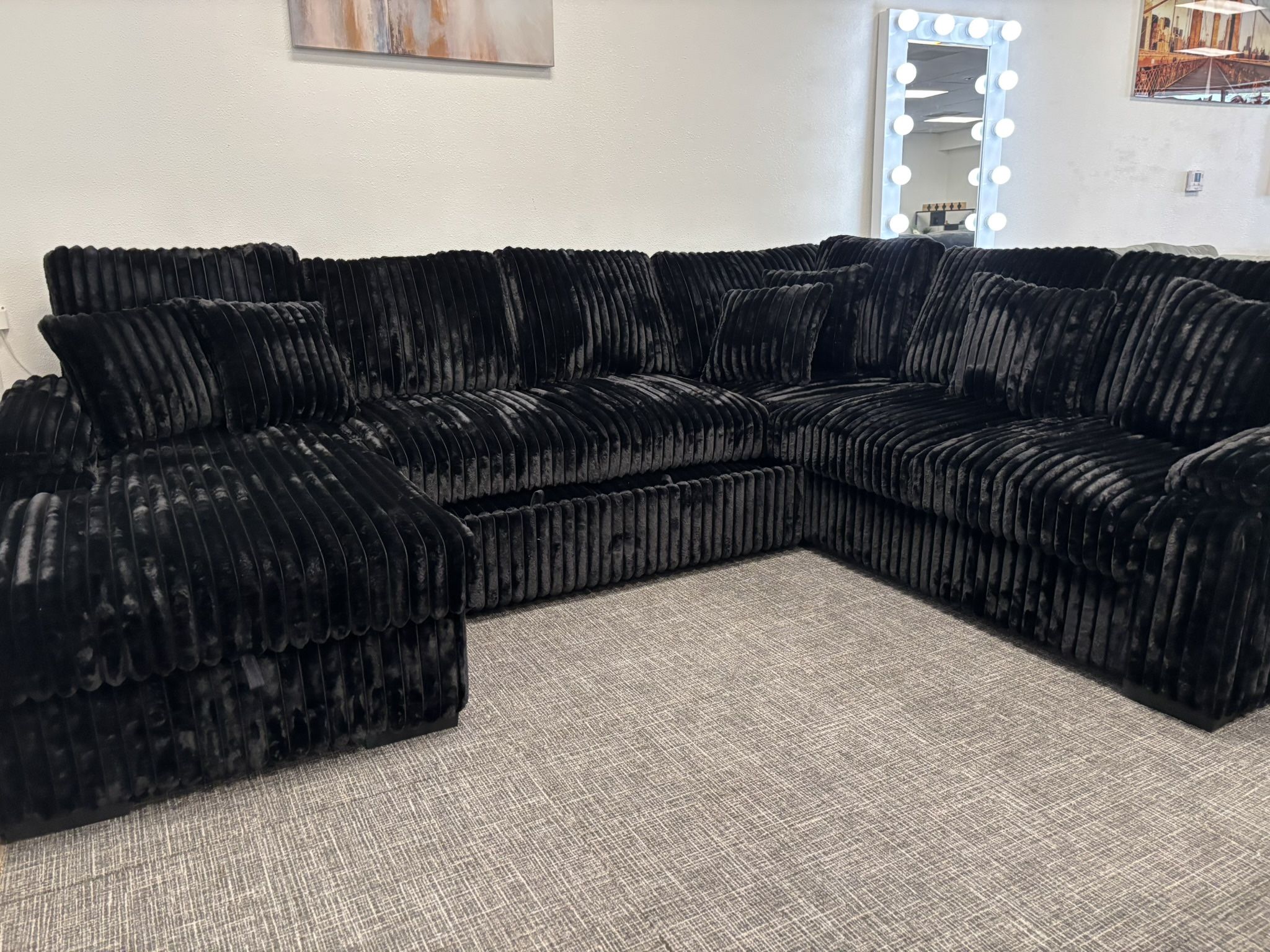 Black Corduroy Sectional W/ Pullout Sleeper & Storage Chaise - EZ $10 Down Payment Options Available