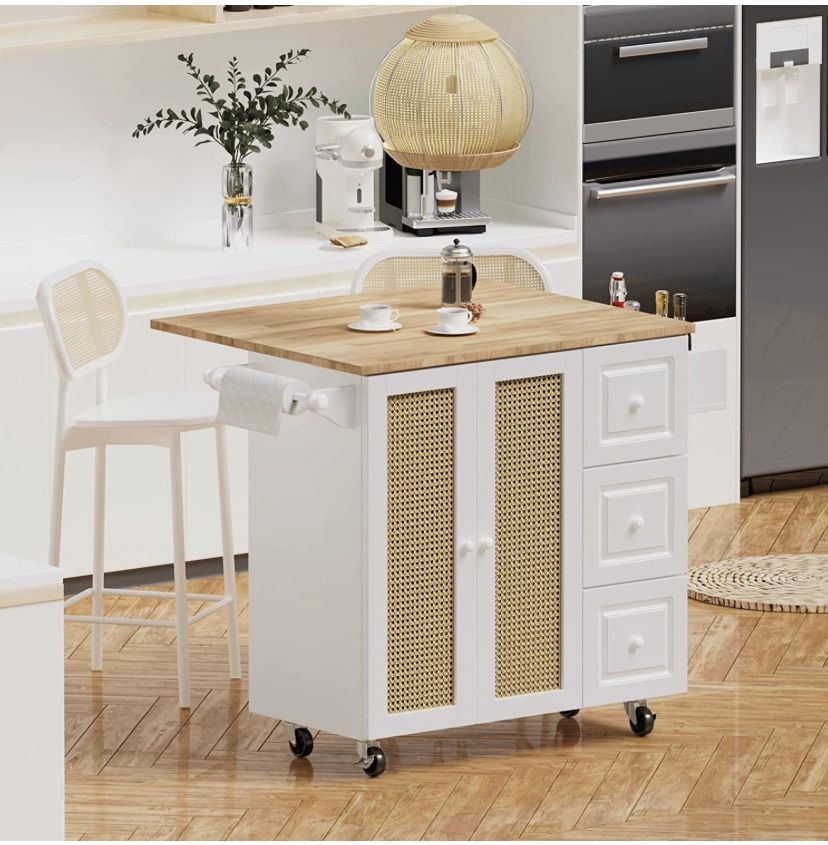 Rolling Kitchen Island Cart with Drop-Leaf, Portable Kitchen Island with Storage, Coffee Bar, Rattan Storage Cabinets on Wheels, with Drawer, Spice Ra