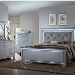 4PC BEDROOM SET QUEEN$1199 EK$1299 (FREE LOCAL DELIVERY)LED LIGHTS ON HEADBOARD / MIRROR  MATTRESS SOLD SEPARATE  