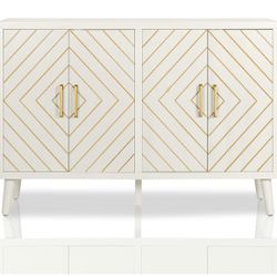 48" Modern Gold Trim Storage Buffet Cabinet - 4-Door Accent Sideboard with Removable Shelves, Entryway/Living Room/Kitchen Credenza, White with Golden