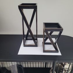 (2-Set) Black and Gold Candle Holders-Tall=11"Hx4"Square/Short=7"Hx4"Square