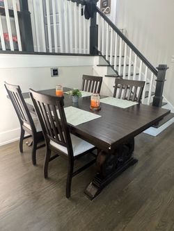 Large 112” Wood Dining Table with 6 Chairs