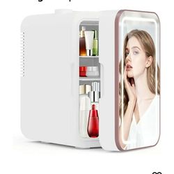 Mini Fridge for Bedroom, 6L Skincare Fridge with Dimmable LED Light Mirror for Dorm & Office, Portable Cooler & Warmer Small Compact Refrigerator