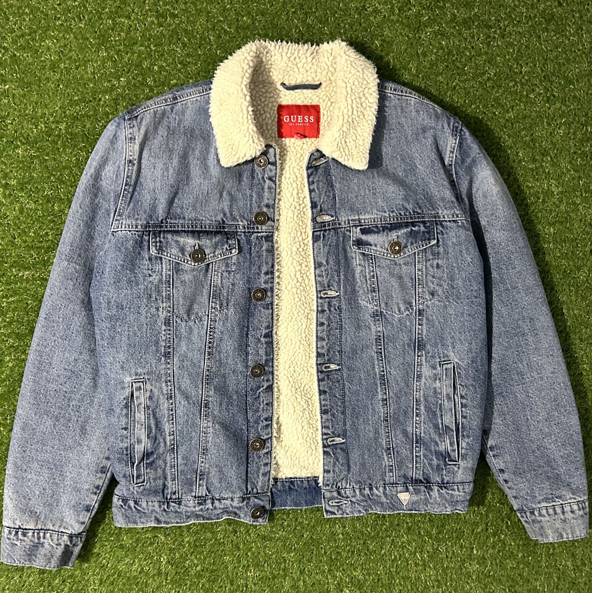 Mens Guess Sherpa Lined Denim Trucker Jean Jacket Size Medium