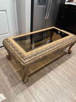Ornate Wood and Glass Coffee Table