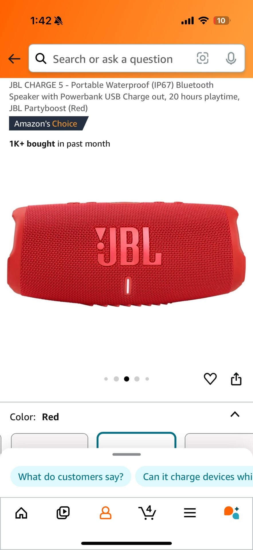 JBL CHARGE 5 - Portable Waterproof (IP67) Bluetooth Speaker with Powerbank USB Charge out, 20 hours playtime, JBL Partyboost (Red) 