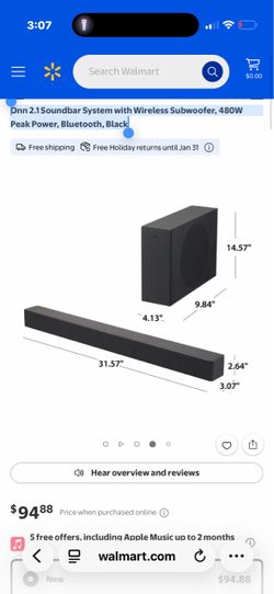 Onn 2.1 Soundbar System with Wireless Subwoofer, 480W Peak Power, Bluetooth, Black