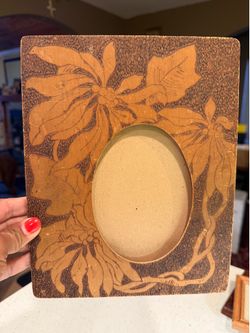 Vintage Hand-Carved Wood Picture Frame – Floral Pyrography Folk Art – Fits 3.5” x 5” Oval Photo