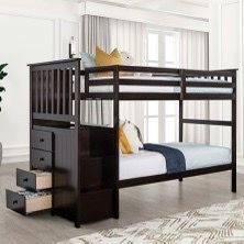 Twin/twin size espresso bunk bed with orthopedic mattress included