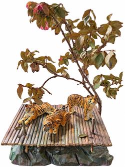 Decorative Three Tiger Figurine Display with Tree & Bamboo Platform