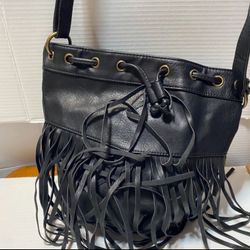 Faux Black Leather W Fringe Bucket Purse