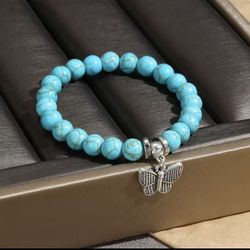 Butterfly Pendant Turquoise Beaded Bracelet For Women Girls