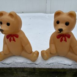2 Vtg 1988 Union Products Brown Teddy Bears w Bows Christmas Decor Blow Molds 