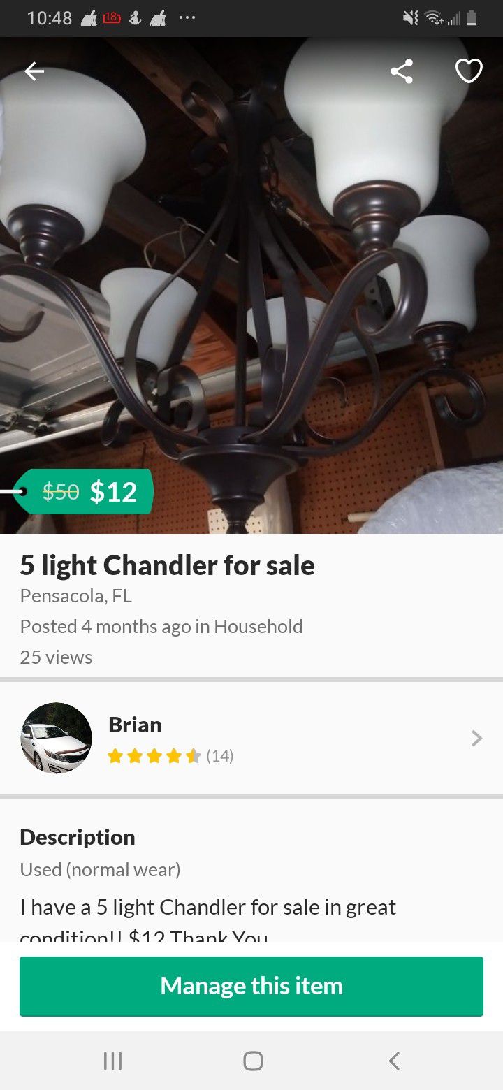 5 light Chandler for sale